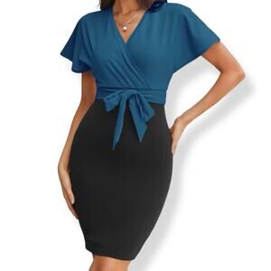 Grace Karin blue black color block short sleeve v-neck pencil dress Small